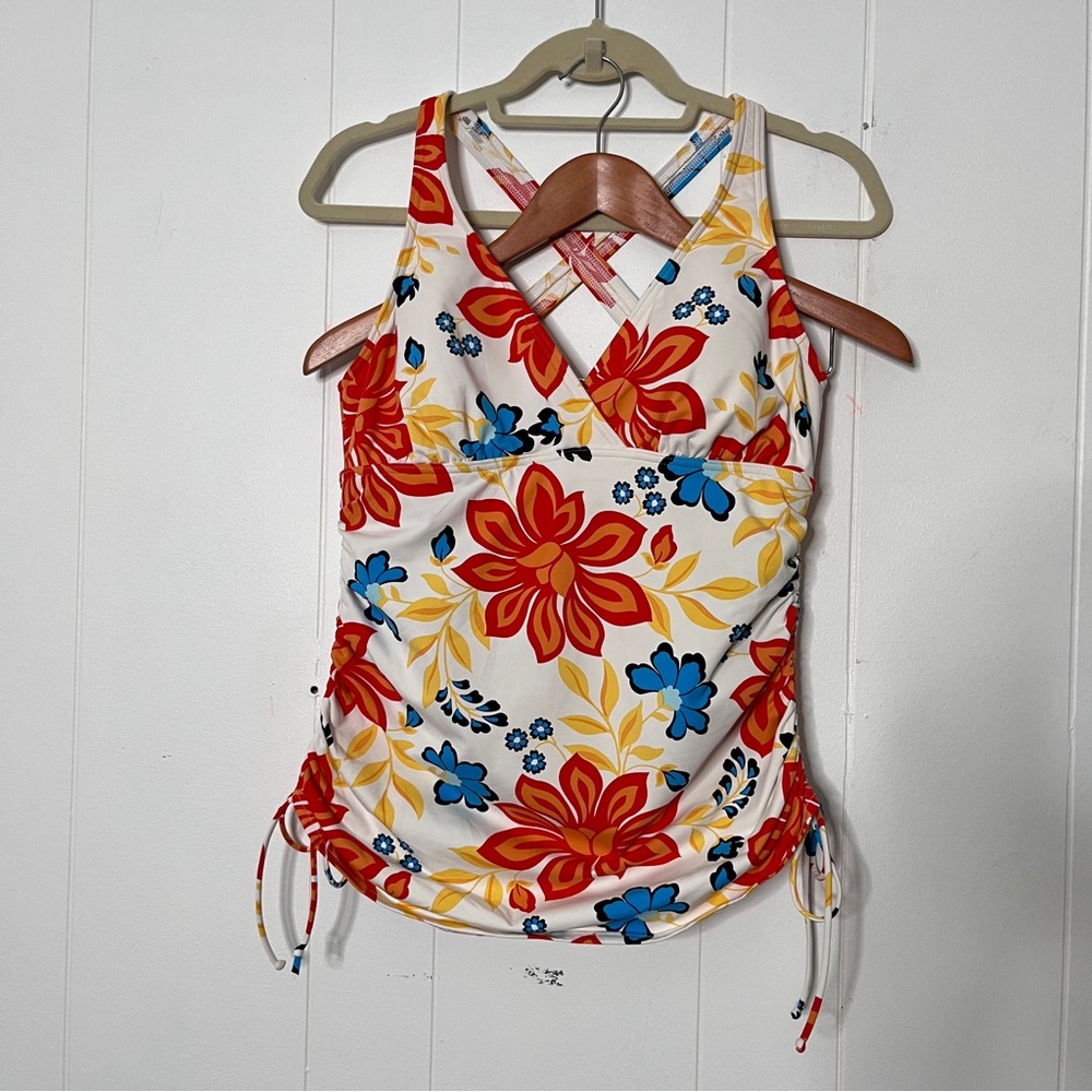 Lands' End Floral Cross-Back Women's Tankini Swim Top Ruched sides Size 10 DD - Picture 1 of 8